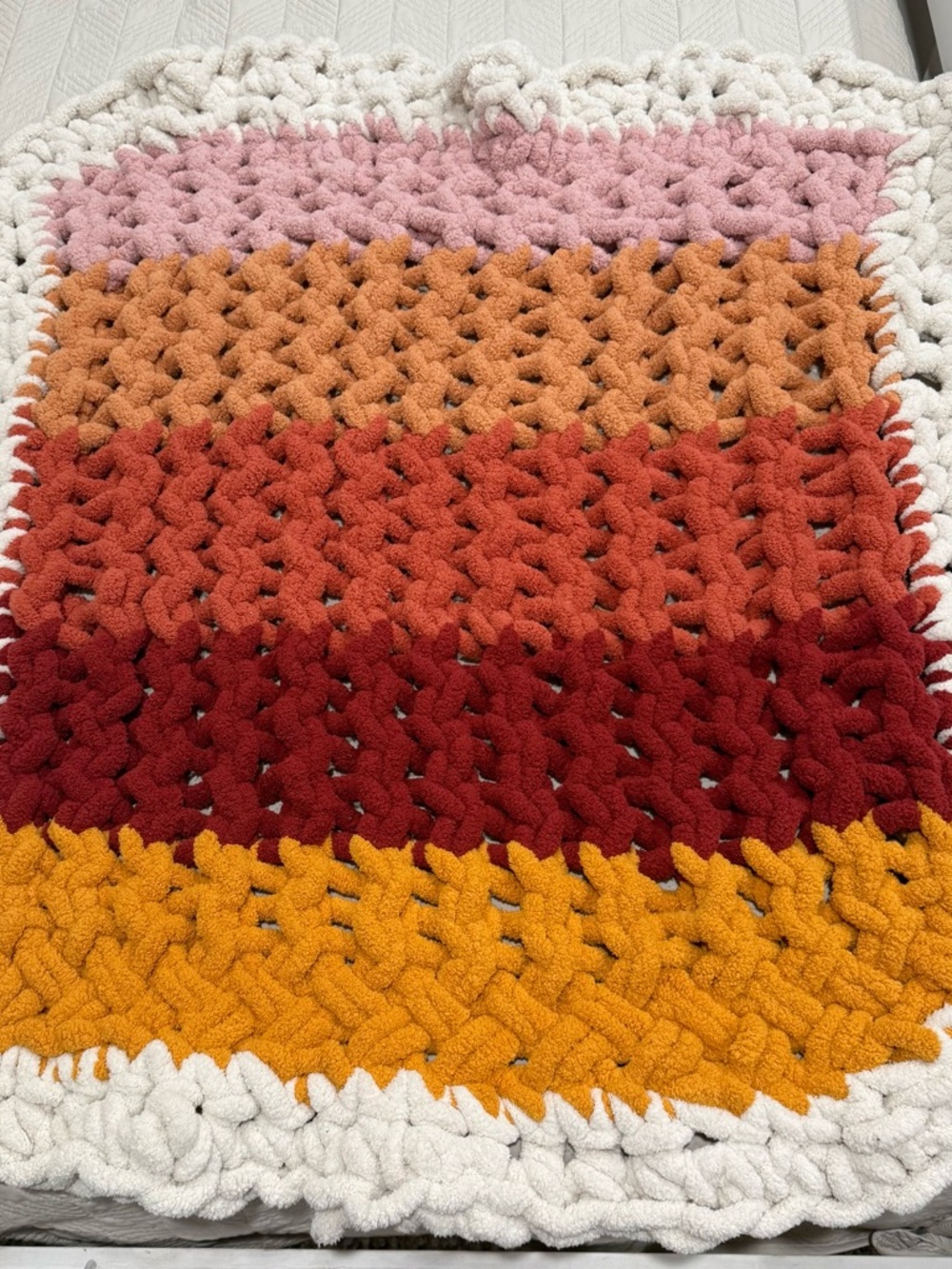 Handmade Chunky Knit Sunset Colors Stripe White Border Throw/Lap Blanket 47”x38”